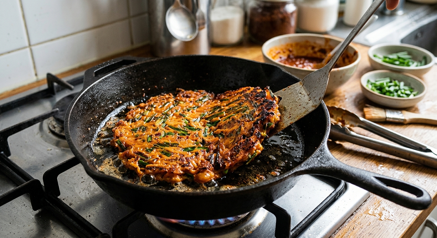 팬 위에서 바삭하게 구워지고 있는 부추장떡