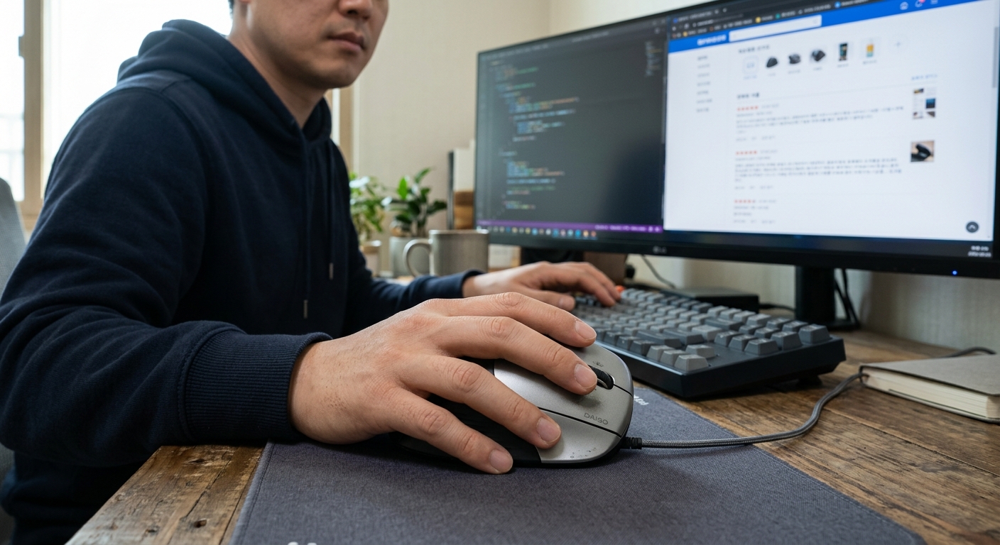 손으로 버티컬 마우스를 잡고 책상에서 사용하는 장면