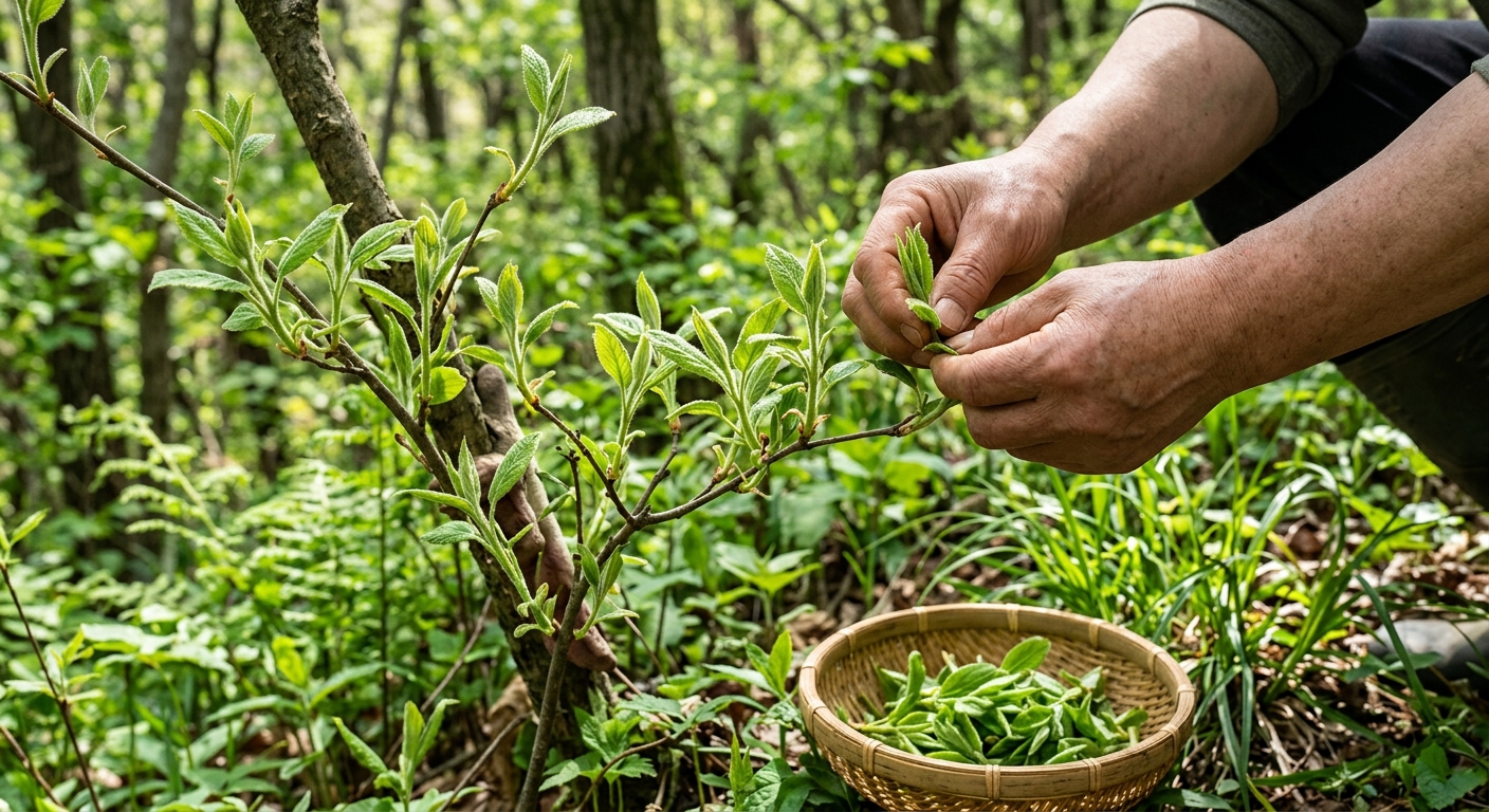 제철인 4월에 채취하기 좋은 연한 딱총나무 새순의 클로즈업 사진