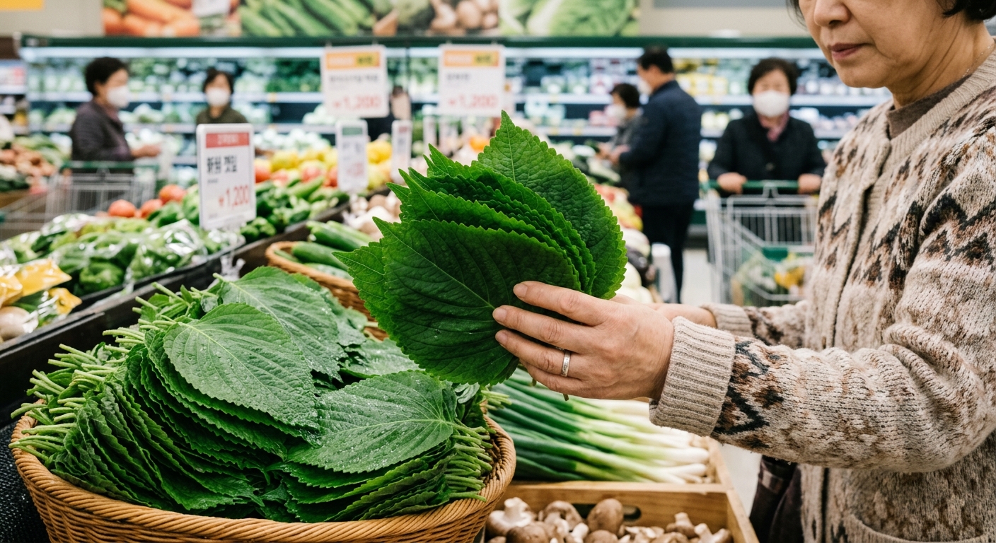 싱싱한 깻잎 여러 장이 겹겹이 놓인 근접 사진