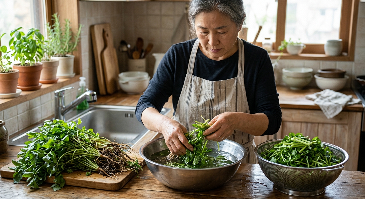 흐르는 물에 참나물을 깨끗하게 씻고 있는 장면