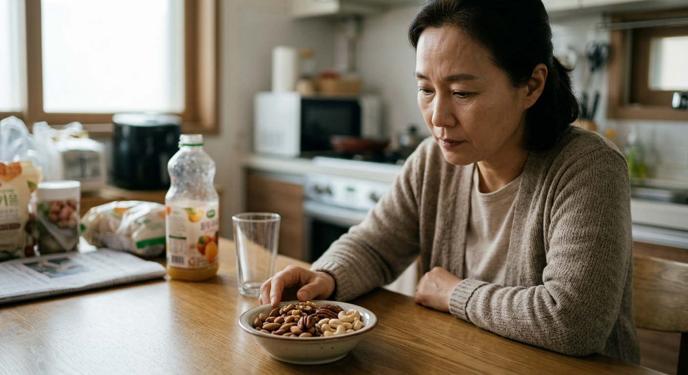 아몬드와 호두가 담긴 작은 그릇과 한 줌 분량 비교 이미지