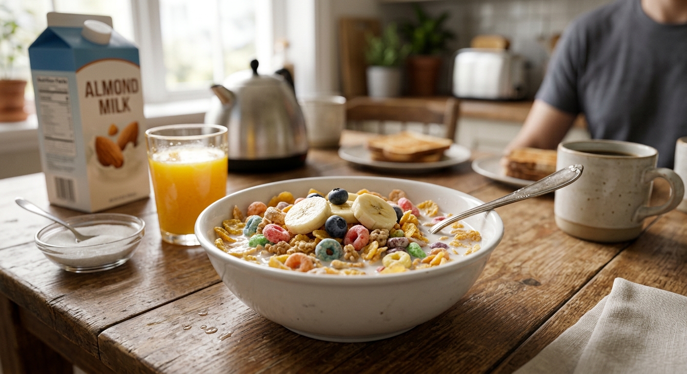 설탕이 많은 시리얼과 우유가 담긴 그릇이 놓인 아침 장면