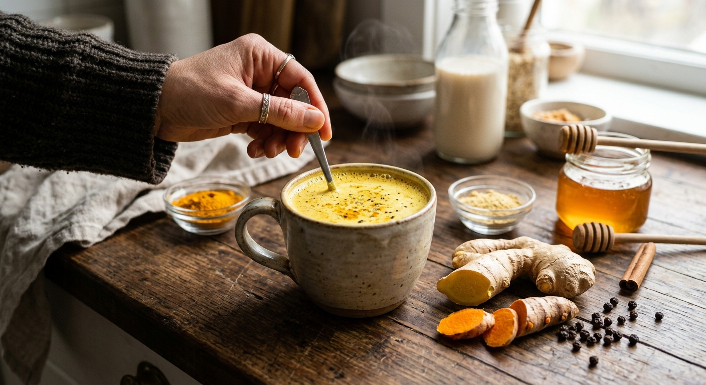 강황과 생강가루가 들어간 노란빛 우유 음료