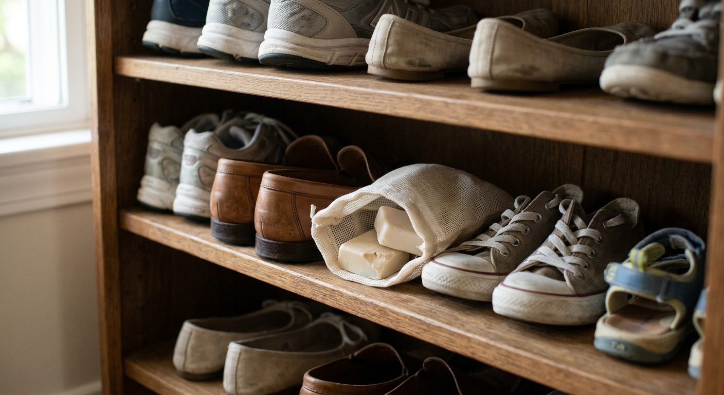 작은 비누 조각을 물에 녹여 청소용 분무기로 준비한 장면