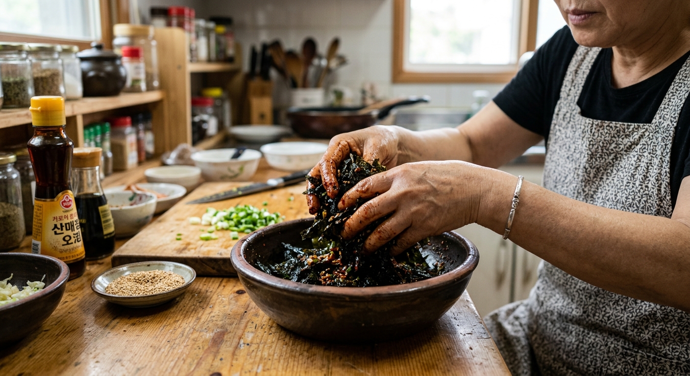 먹기 좋은 크기로 부순 구운 김에 양념장을 나누어 넣고 젓가락으로 가볍게 섞는 모습