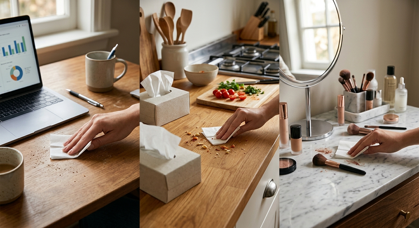 책상과 화장대 위에 놓인 반 크기 티슈 박스를 사용하는 일상 장면