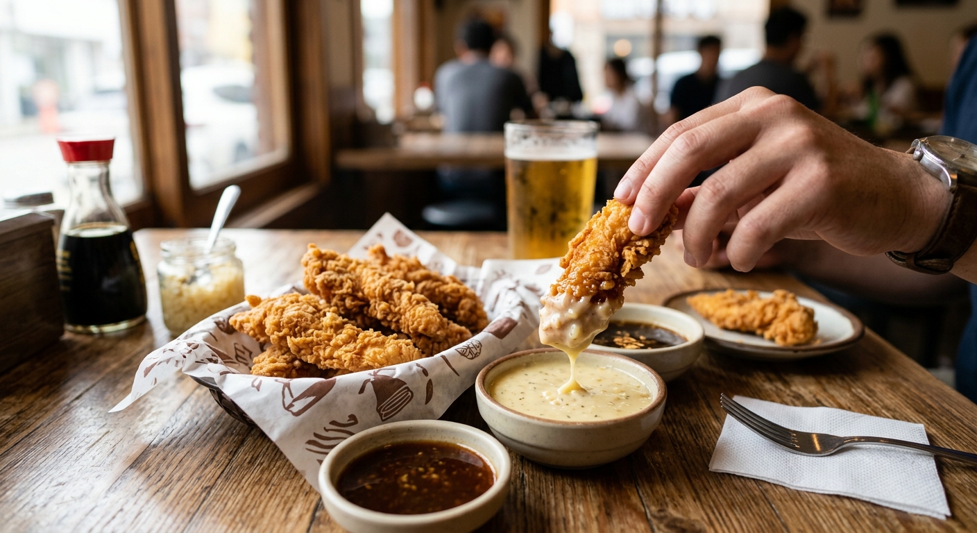 작은 소스볼에 담긴 스윗갈릭소스와 치킨을 찍어 먹는 장면