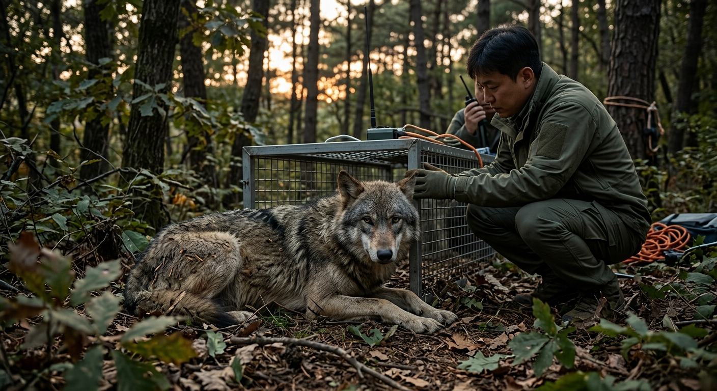 야간 도로 위를 천천히 걷는 늑대의 긴장된 모습