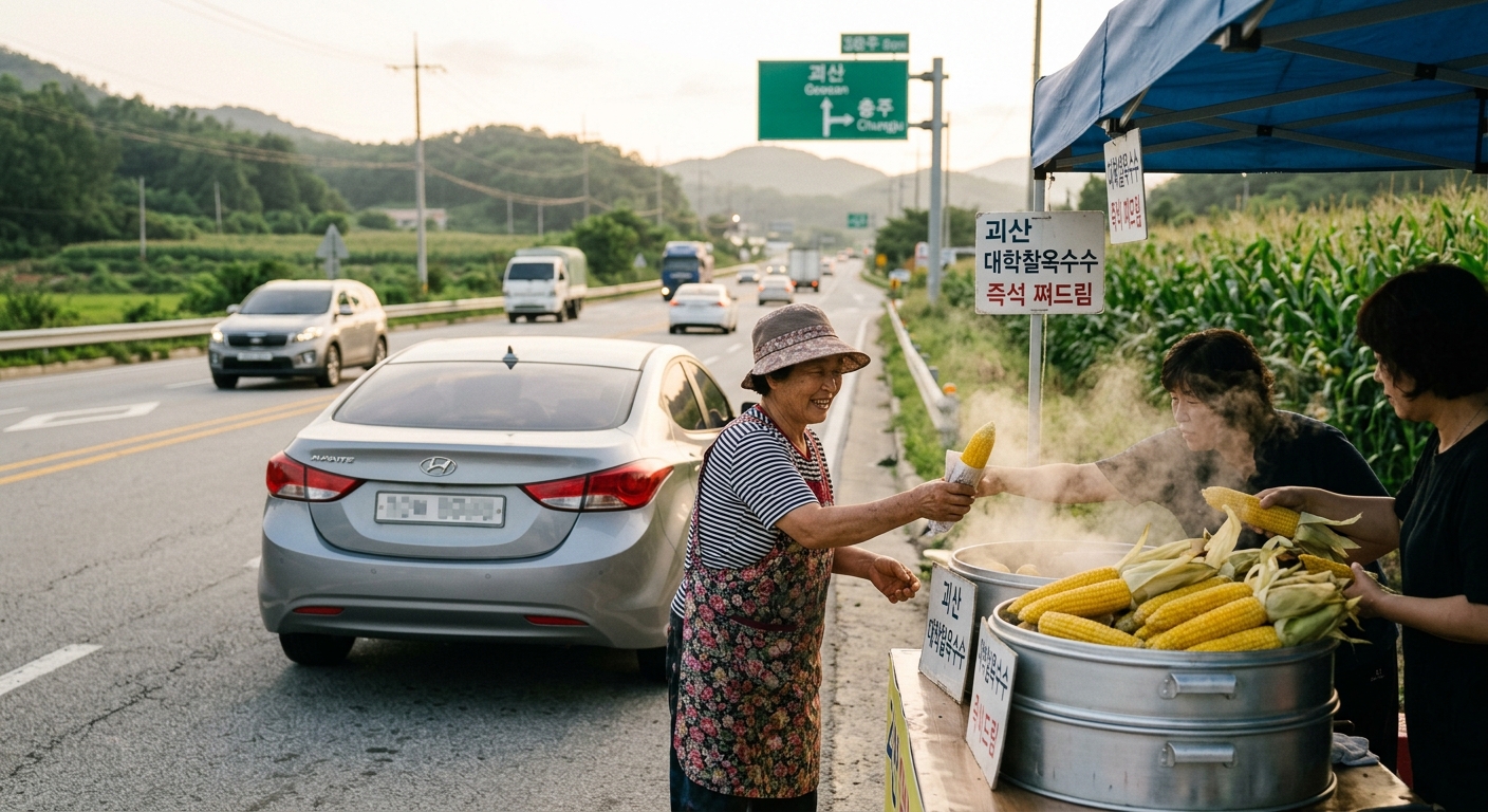 도로 옆 간이 판매대에서 찰옥수수를 고르는 사람들