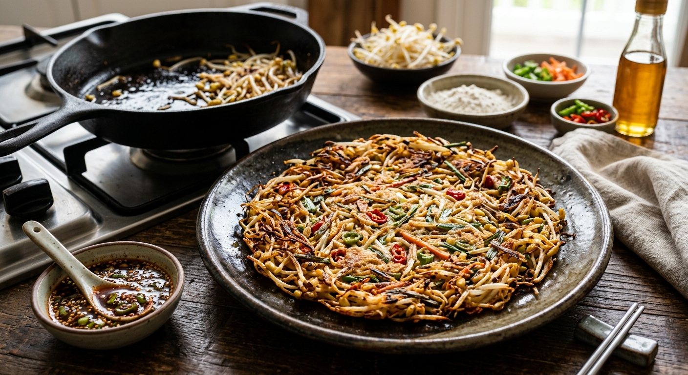 노릇하게 구운 콩나물전과 담백한 소스가 함께 차려진 식탁