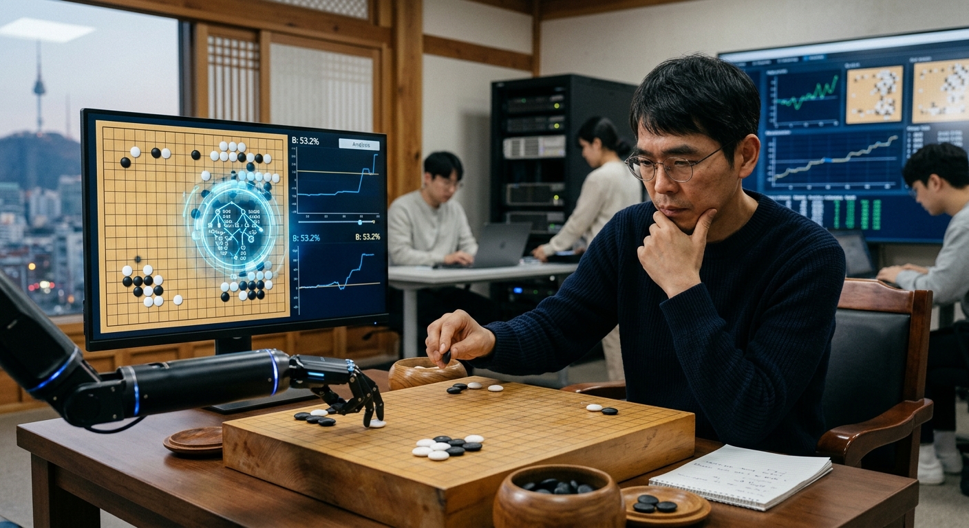 디지털 계산 화면과 사람의 사색하는 표정을 대비해 인간과 AI의 서로 다른 강점을 보여주는 이미지