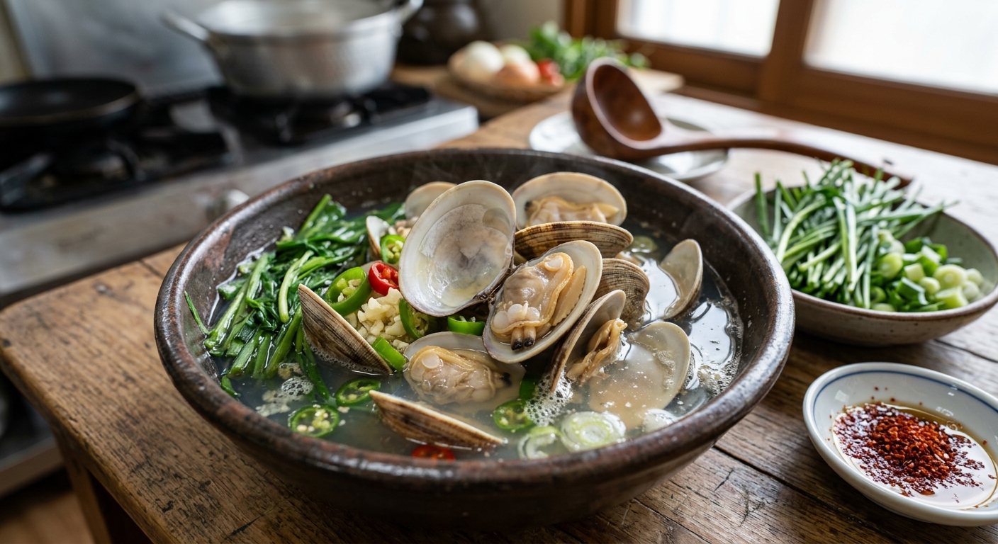 해감한 바지락을 짧게 데쳐 살만 발라낸 준비 장면