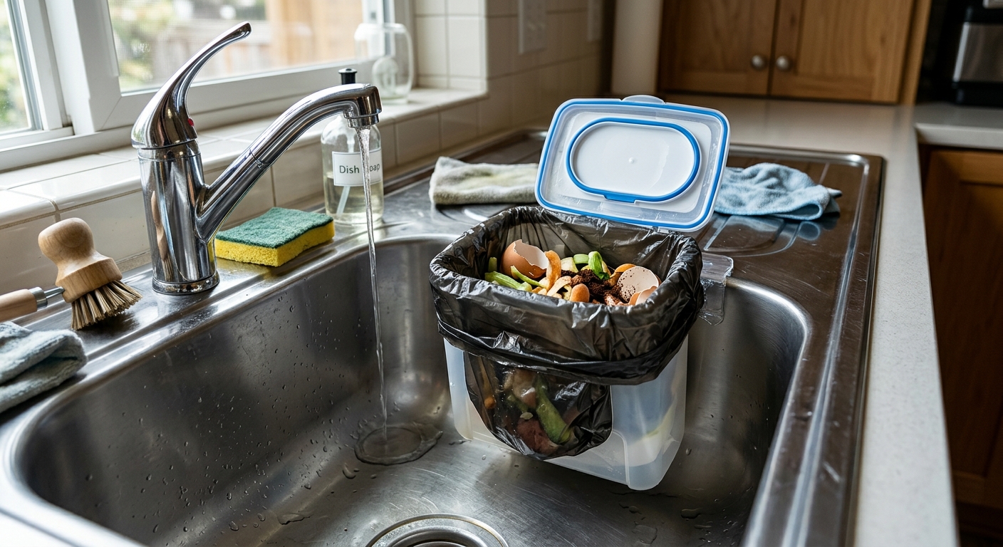 주방 싱크대 측면에 설치된 물티슈 뚜껑 비닐봉투 홀더