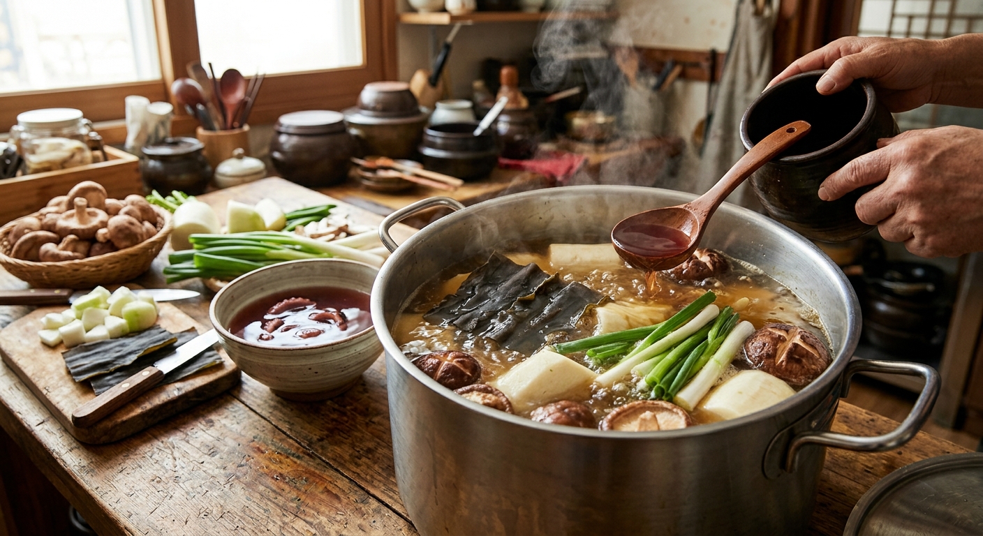 문어 육수에 무 대파 표고버섯 다시마를 넣고 끓이는 냄비