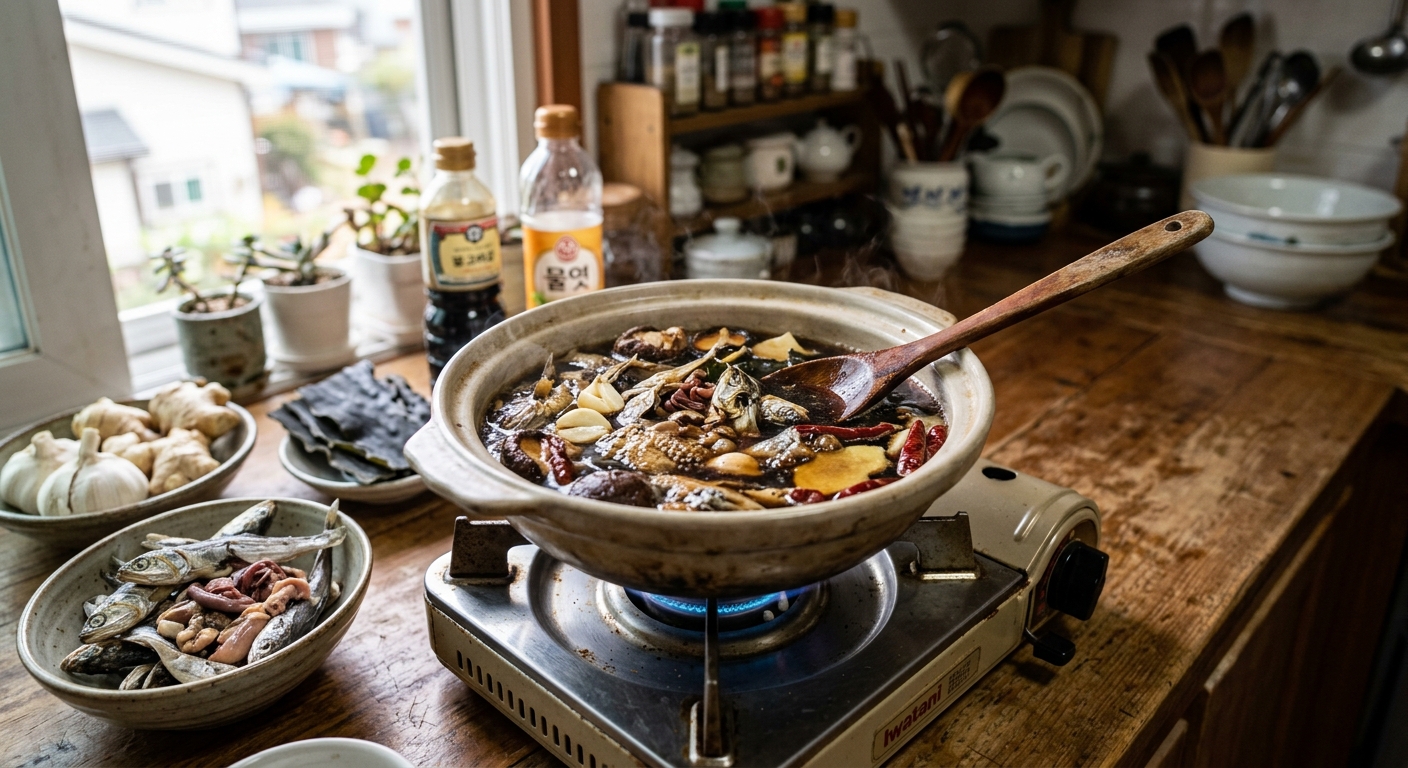 간장과 채소, 멸치 머리를 넣고 졸이는 수제 맛간장 냄비