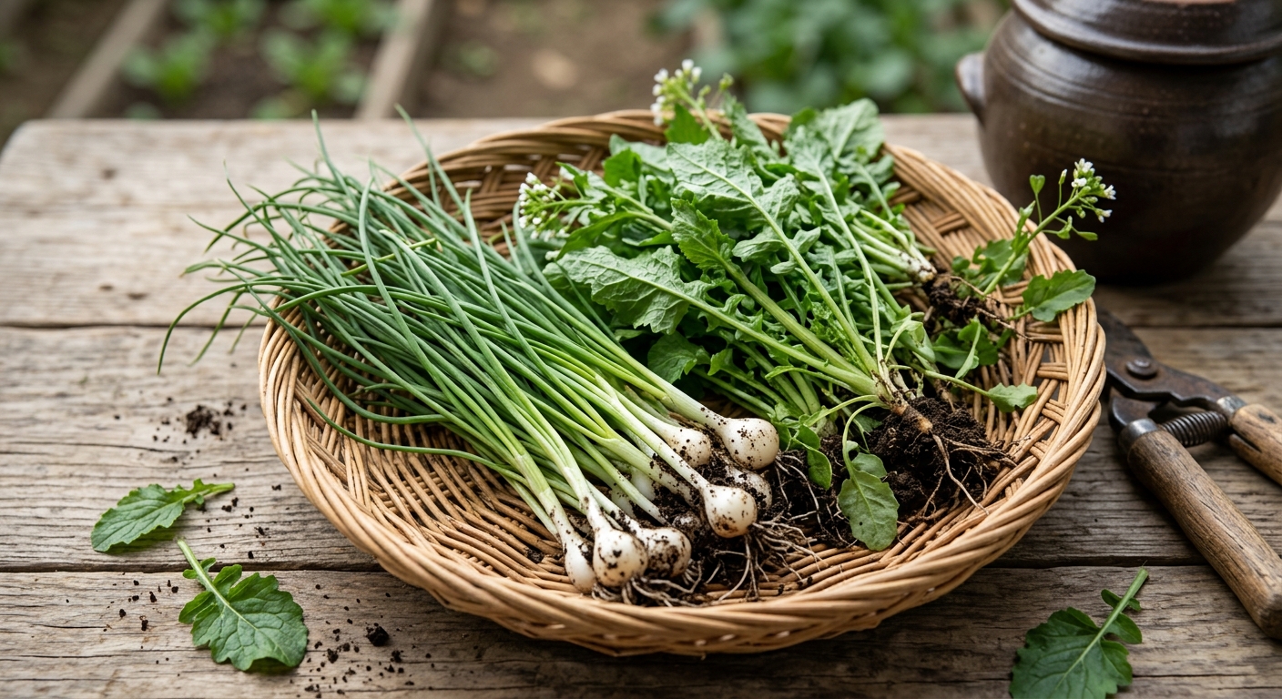 달래장과 신선한 달래가 담긴 한국식 봄 반찬 이미지
