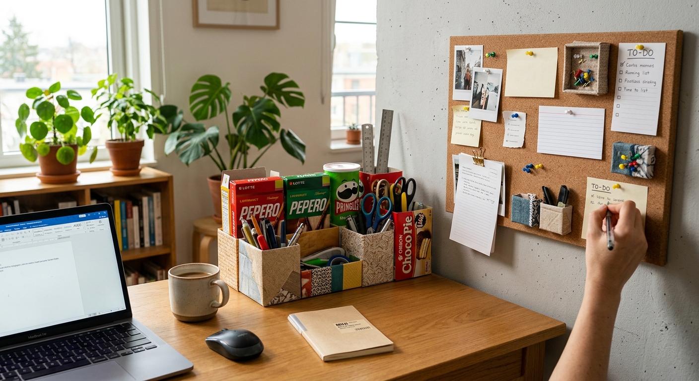 종이 과자 박스를 데스크 오거나이저와 메모 보드로 재활용한 작업 공간