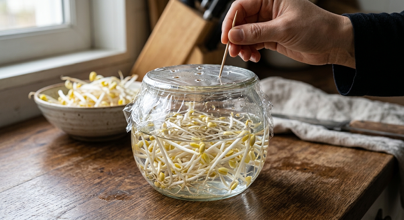 밀폐용기 안에서 물에 잠긴 콩나물을 냉장 보관하는 모습