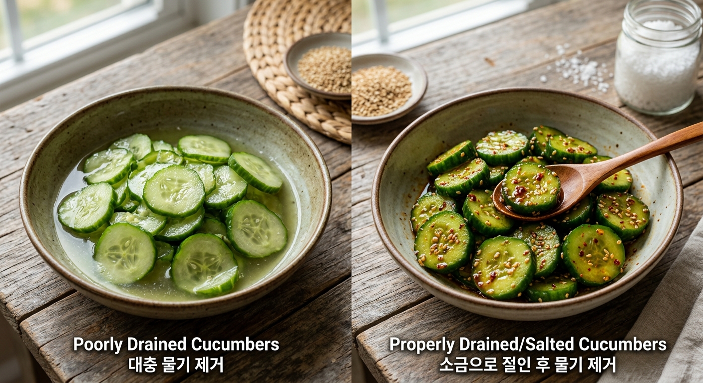 소금에 절인 오이를 손으로 가볍게 짜서 물기를 제거하는 모습