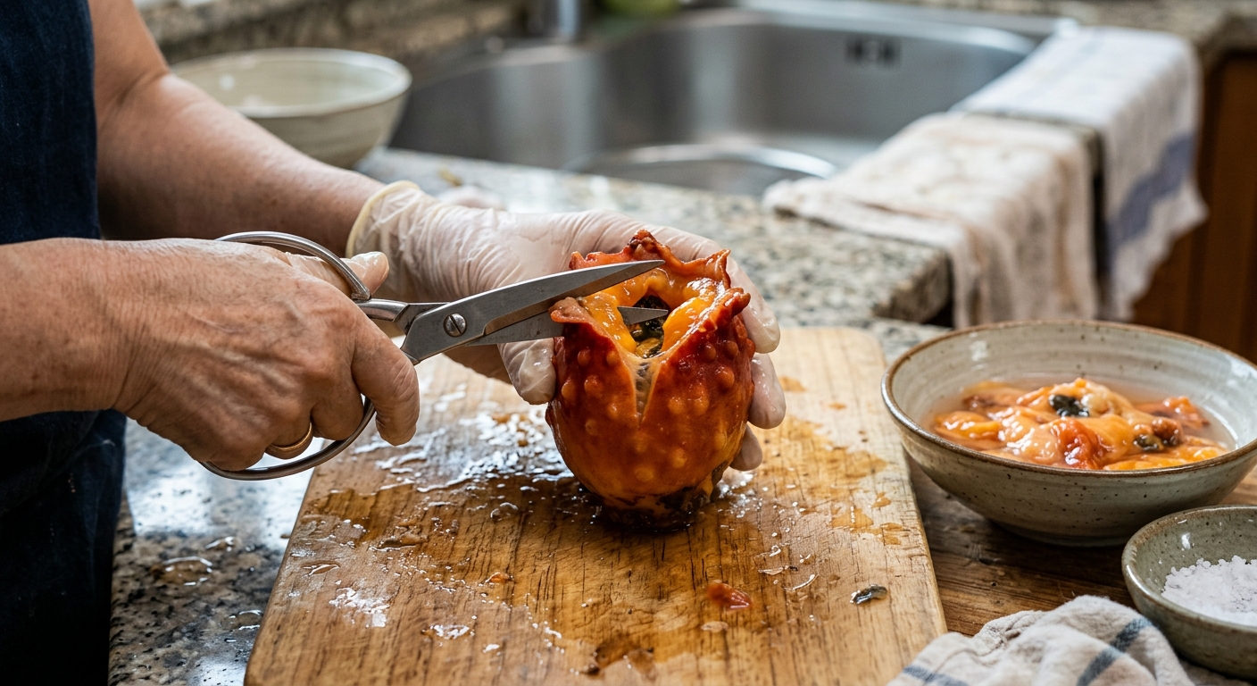 뚜껑처럼 잘라 연 멍게 안쪽의 주황빛 속살