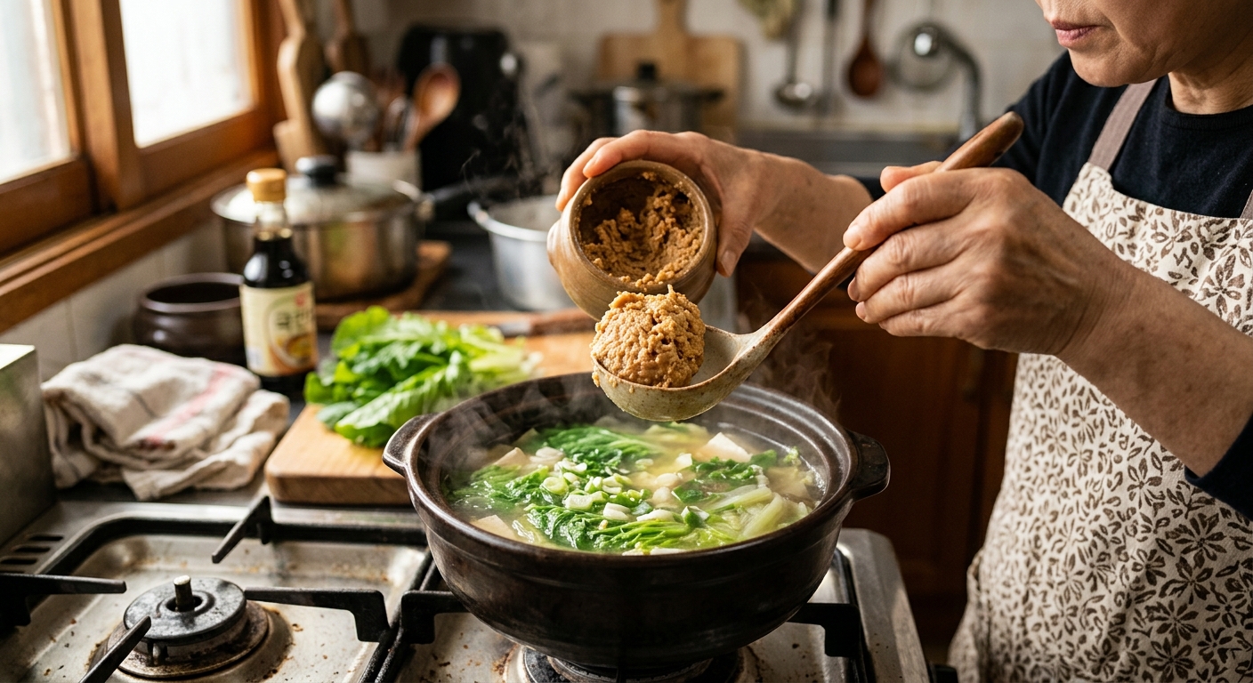 육수에 된장을 체로 풀어 넣는 모습