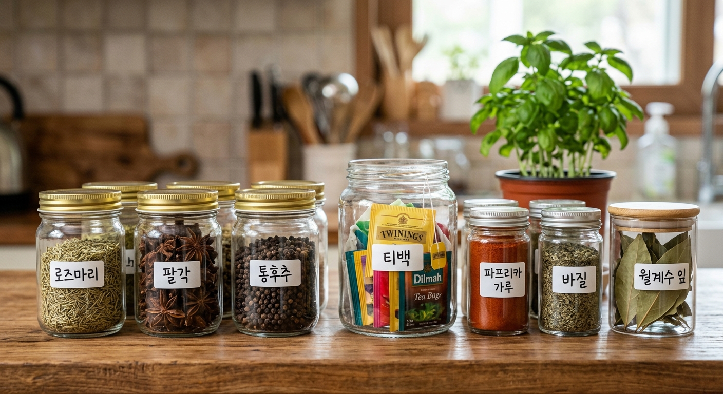 주방 선반 위에 향초병을 재활용해 소금, 허브, 티백을 담아 정리한 모습