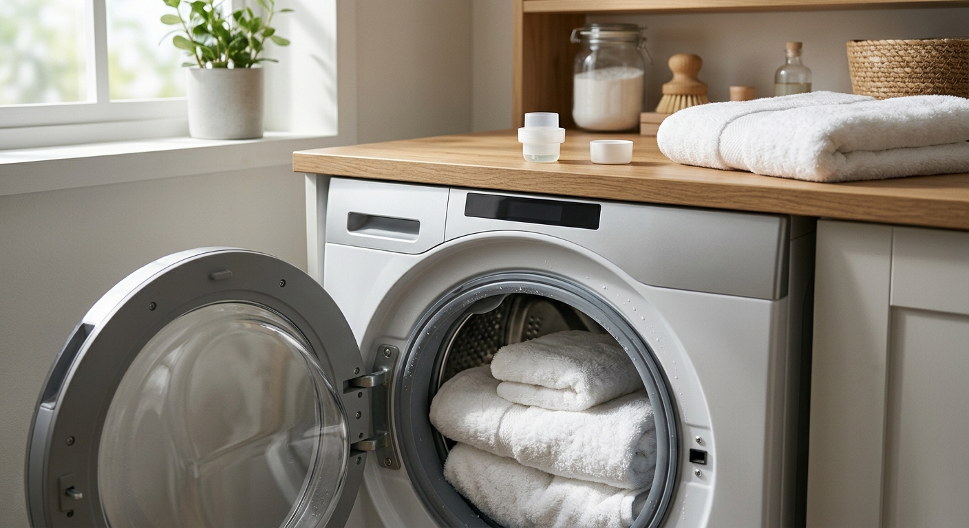 계량한 소량의 세제를 들고 수건 세탁을 준비하는 모습