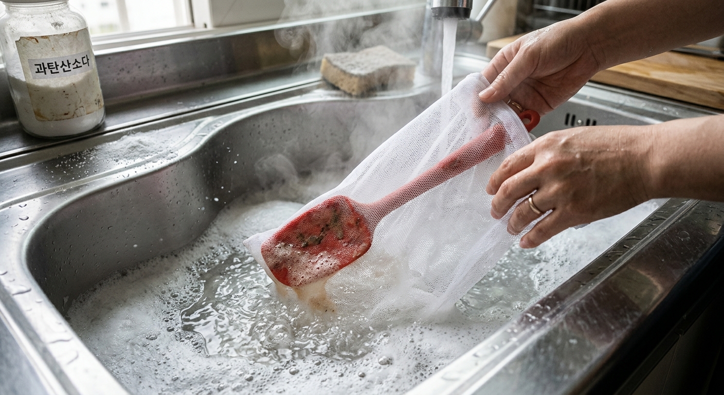 과탄산소다와 따뜻한 물을 활용해 실리콘 조리도구 세척을 준비하는 모습