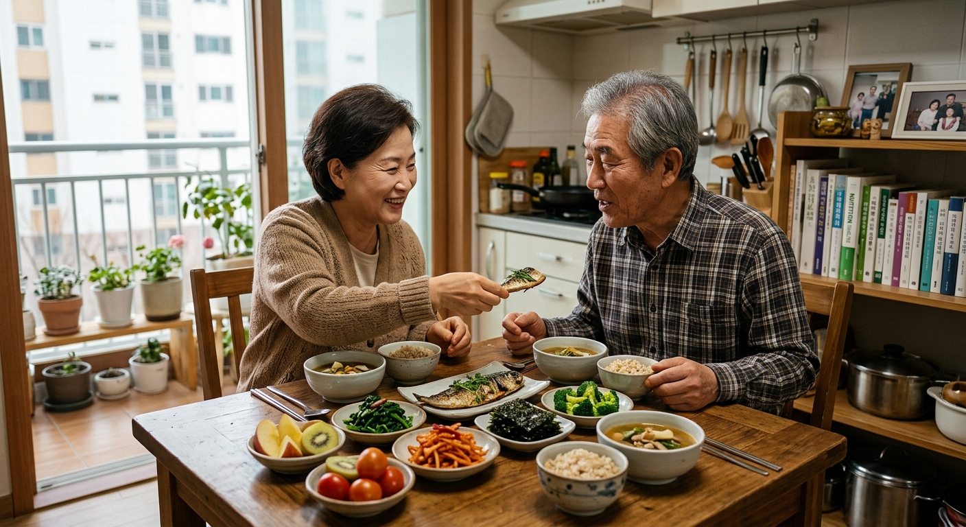 신선한 채소와 단백질 반찬으로 차려진 담백한 노년층 식단
