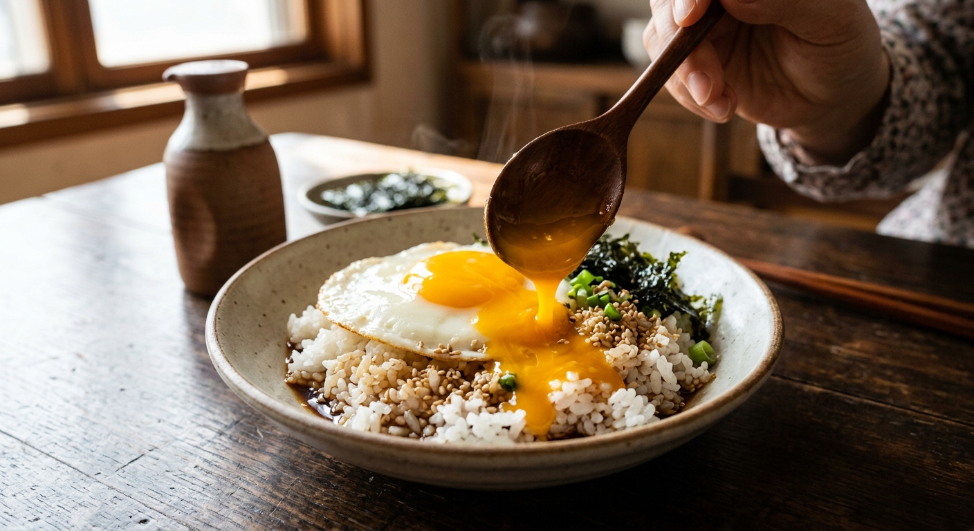 계란 비빔밥의 노른자를 터뜨려 밥과 비비는 모습
