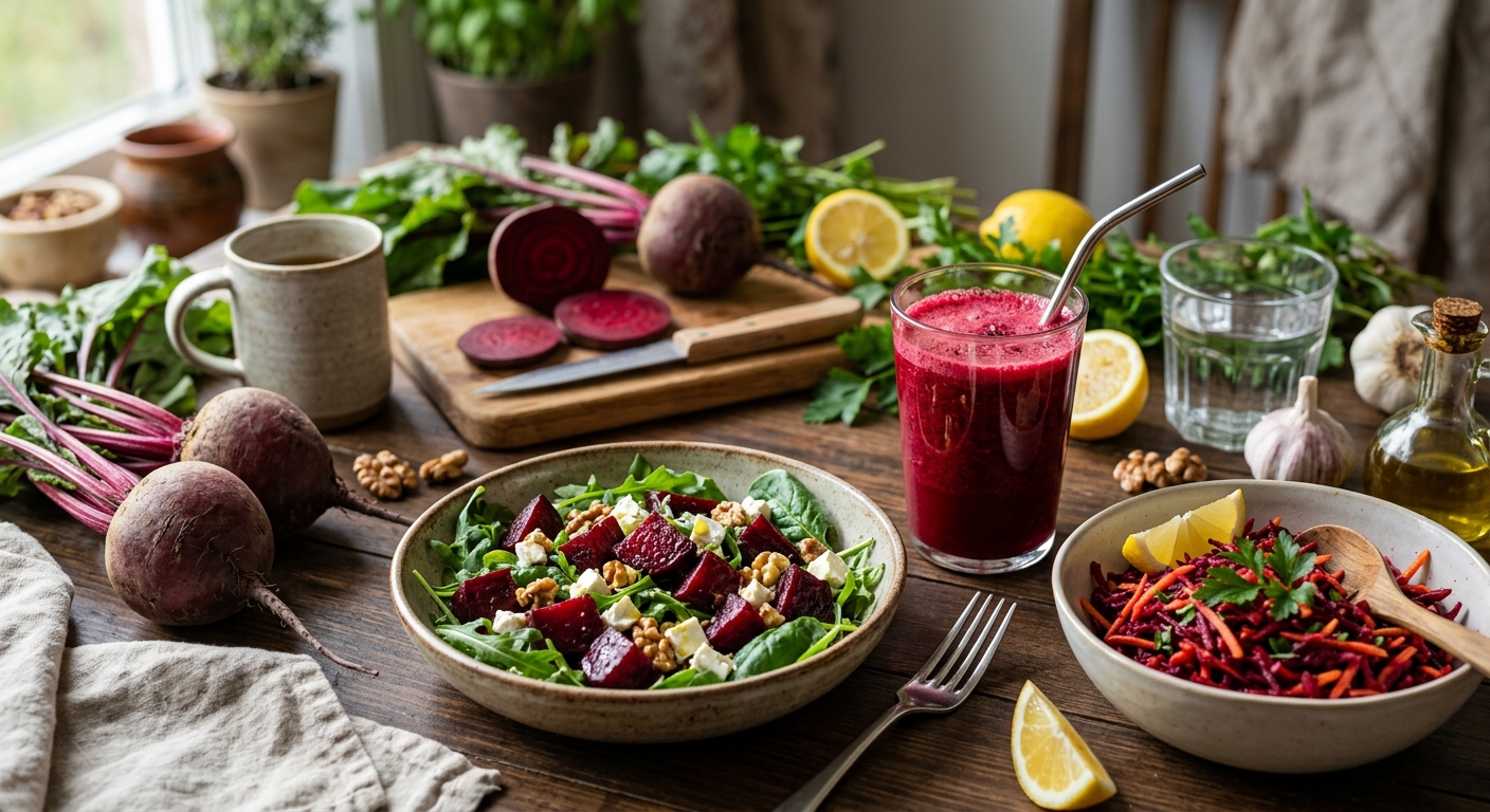 비트 샐러드와 구운 비트가 함께 차려진 식탁