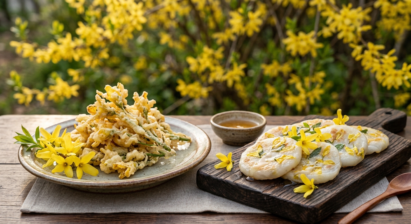 접시에 담긴 개나리 튀김과 찹쌀 화전