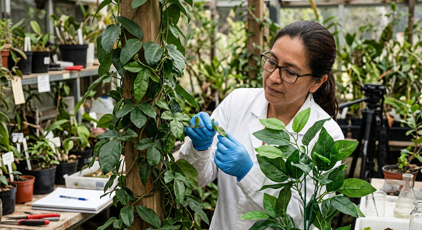 플라스틱 조화 옆에서 자라며 잎 모양이 달라진 보퀼라를 표현한 이미지
