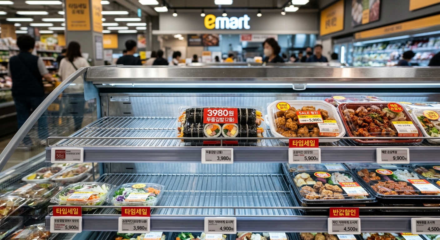 대형마트 델리 코너에 진열된 김밥, 초밥, 치킨, 비빔밥 등 다양한 할인 식품