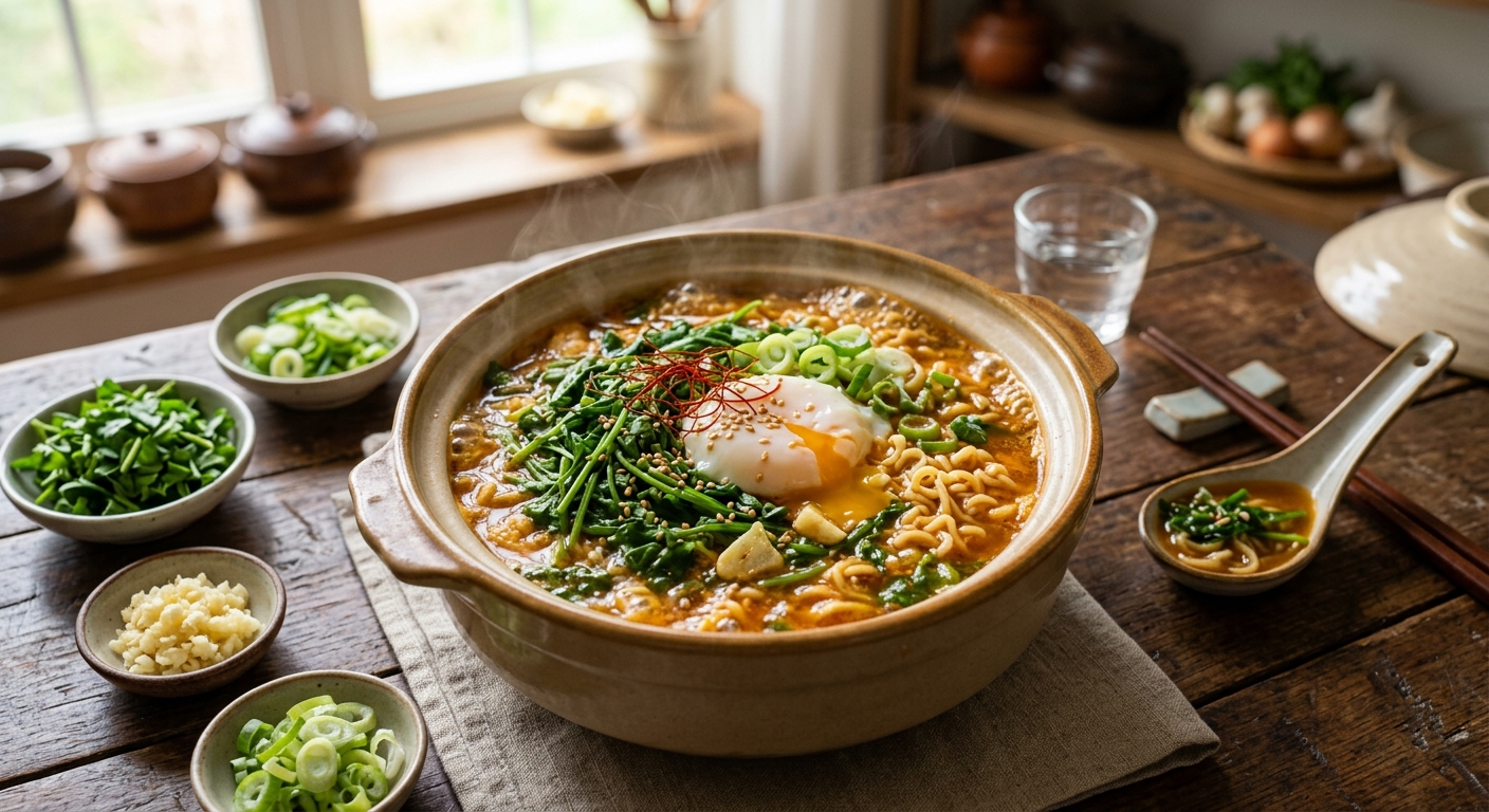 냉이 라면에 계란과 다진 마늘을 곁들인 모습