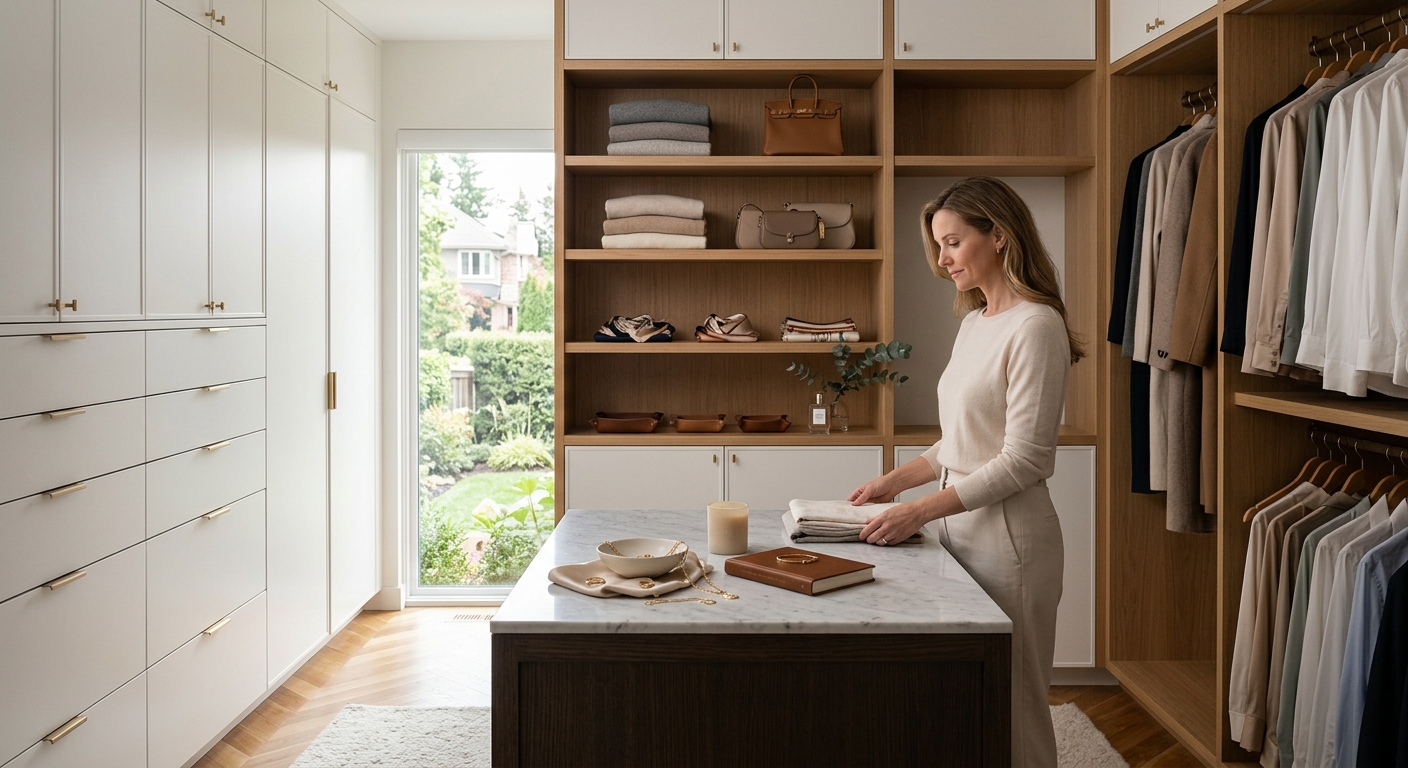 서랍과 수납장에 물건이 정리되고 일부만 감각적으로 진열된 거실