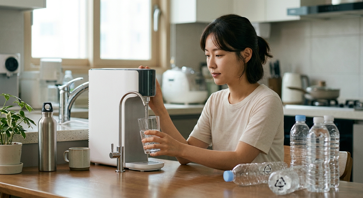 유리병과 스테인리스 텀블러에 담긴 물