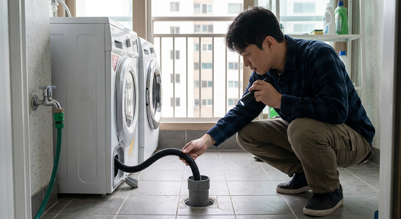 세탁기 설치 전 배수관 종류를 확인하기 위해 점검하는 모습
