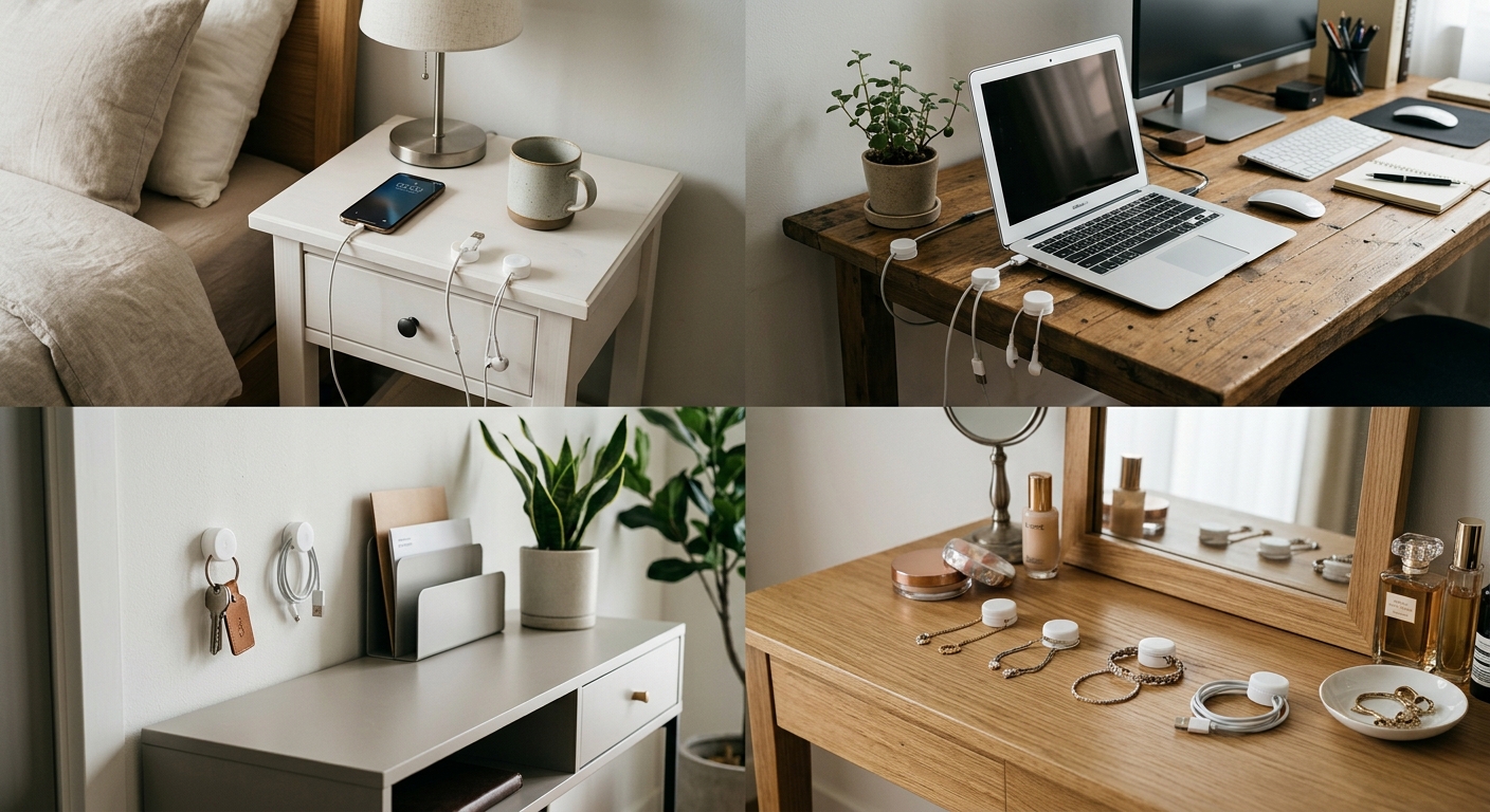 책상 케이블과 현관 소품, 화장대 액세서리를 속마개로 정리한 예시