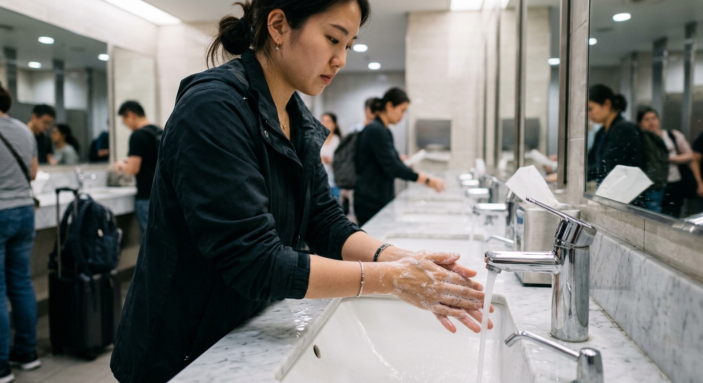 공항 세면대에서 비누로 손을 씻는 사람의 모습