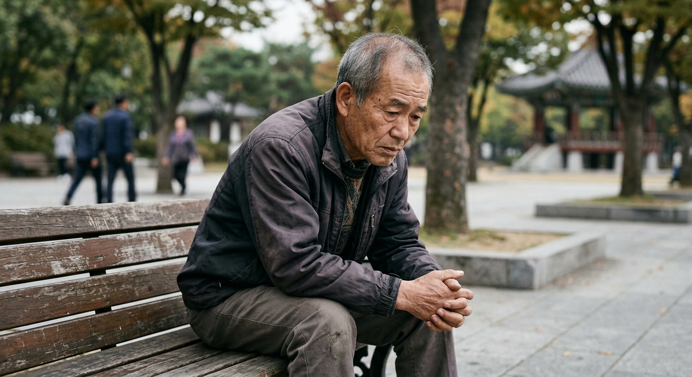 잔잔한 물결이 있는 호수를 바라보는 노년의 뒷모습