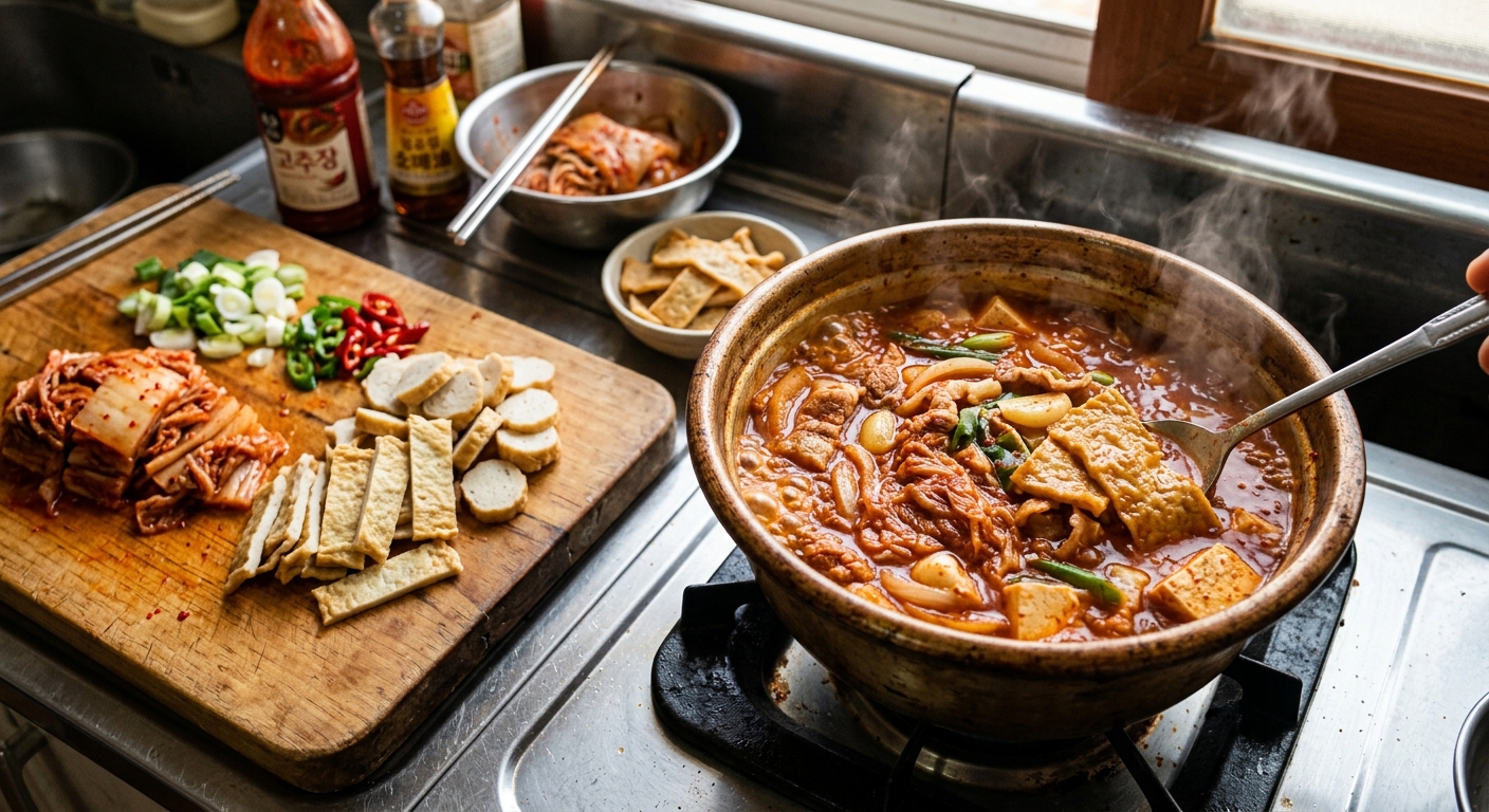 먹기 좋게 자른 김치와 손질된 어묵을 준비한 요리 장면