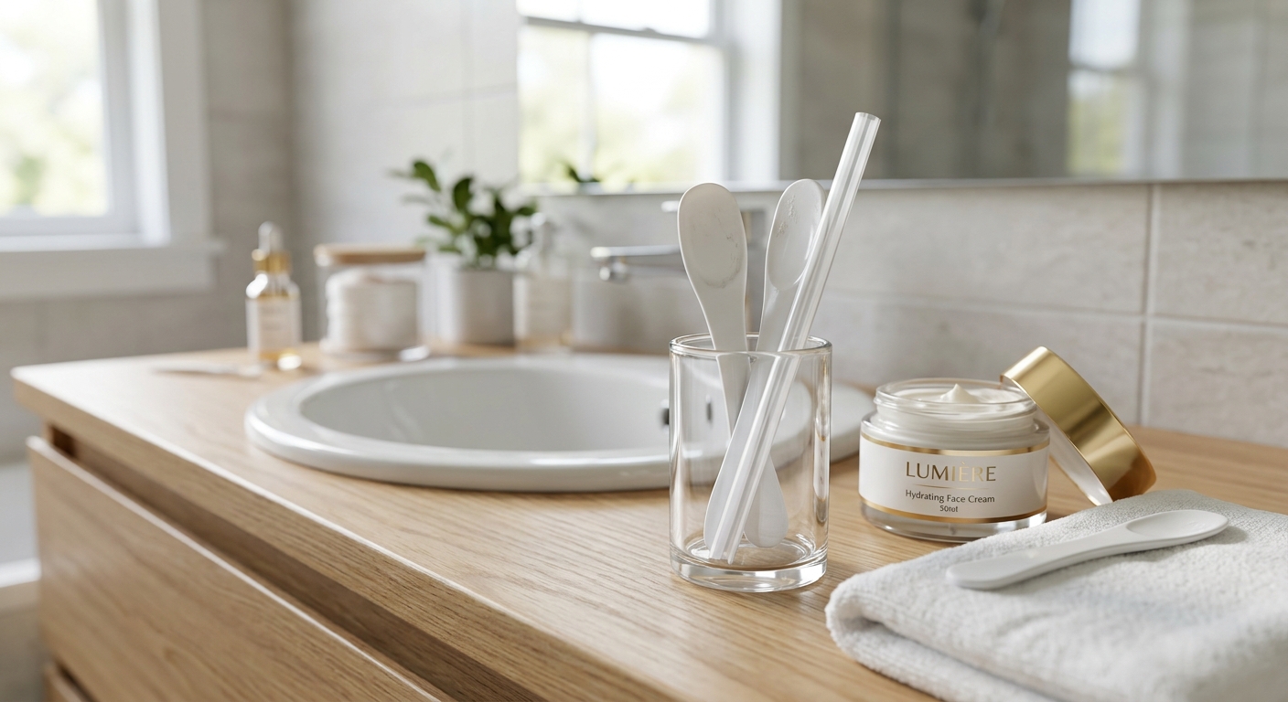 화장품 사용 후 스파츌라를 위생적으로 닦아 관리하는 장면