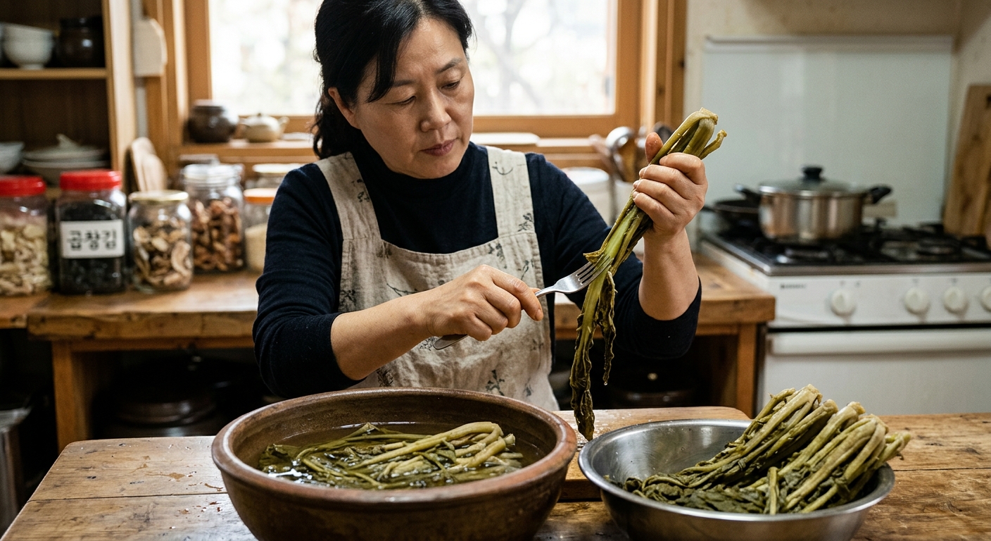 먹기 좋게 손질된 시래기와 신선한 재료들이 함께 놓인 모습