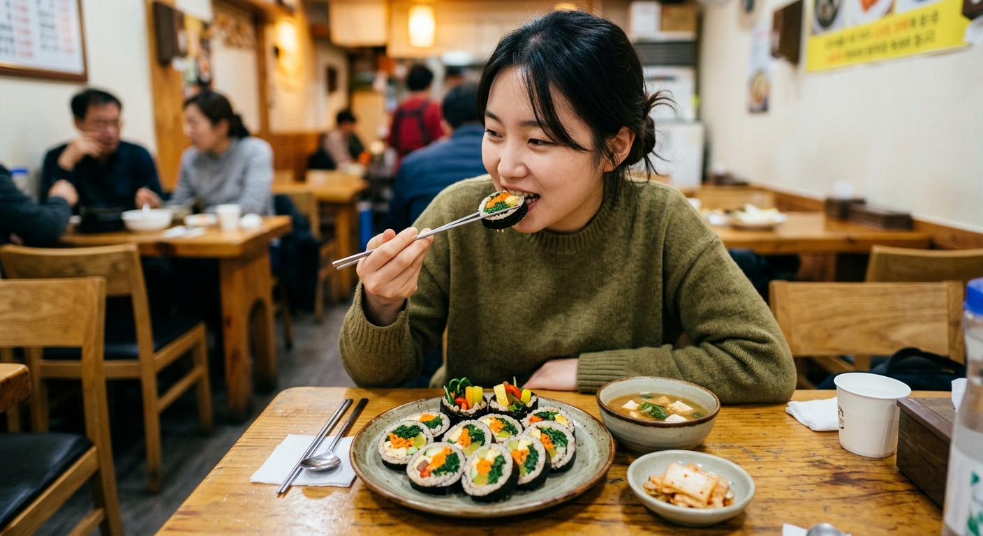 채소김밥과 삶은 달걀, 샐러드가 함께 놓인 건강한 식사 구성