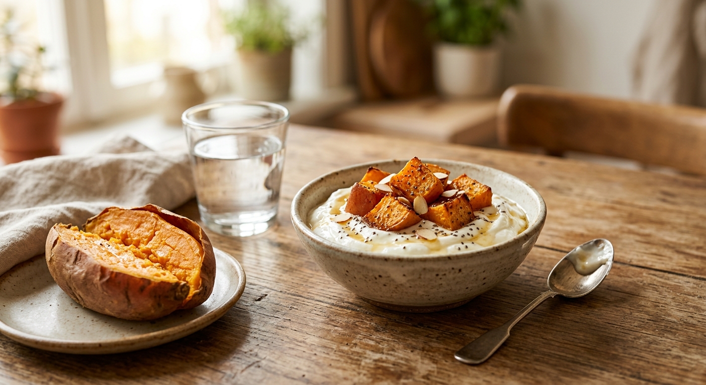 작은 고구마와 플레인 요거트가 함께 놓인 간편한 건강 아침 식사