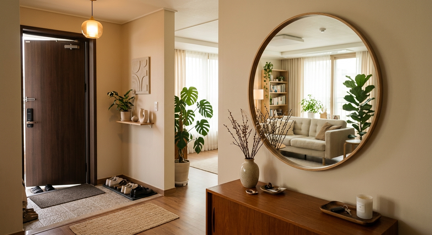 실용성과 분위기를 고려해 적절한 위치에 놓인 집 안 거울
