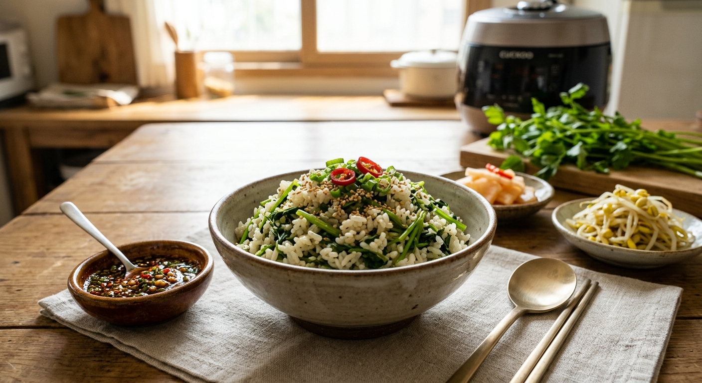 신선한 미나리와 완성된 미나리밥이 함께 놓인 건강식 이미지
