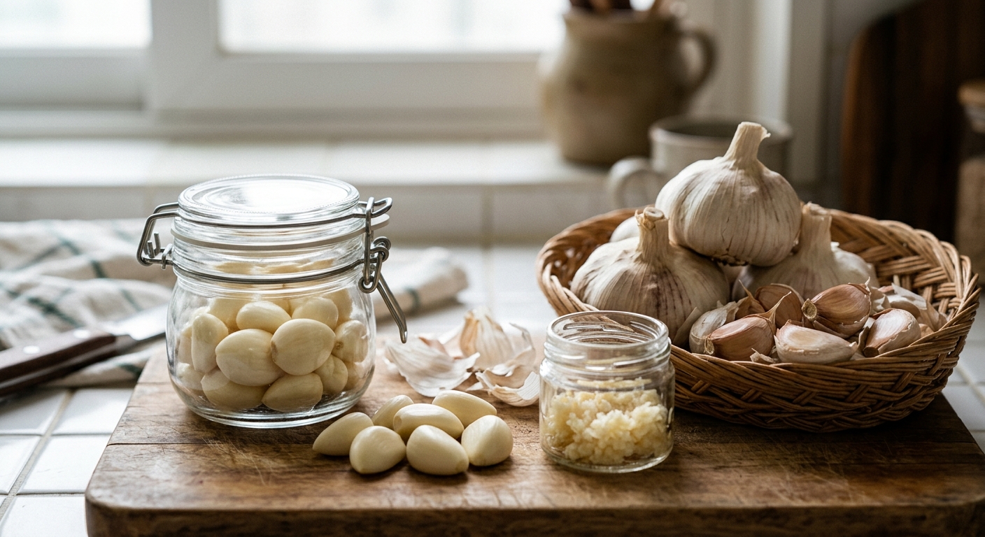 밀폐 용기에 담긴 깐마늘과 식용유를 함께 준비한 모습